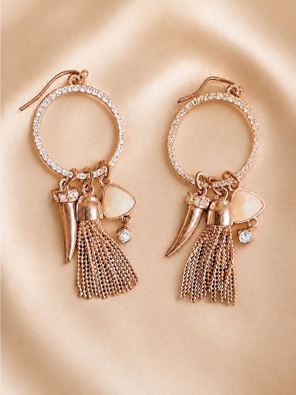 Gold Tone Hoop Tassel Drop Earrings with Opal Accent